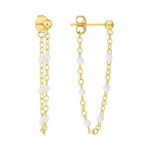 14K Solid Yellow Gold Enamel White Bead Front to Back Dangle Earrings